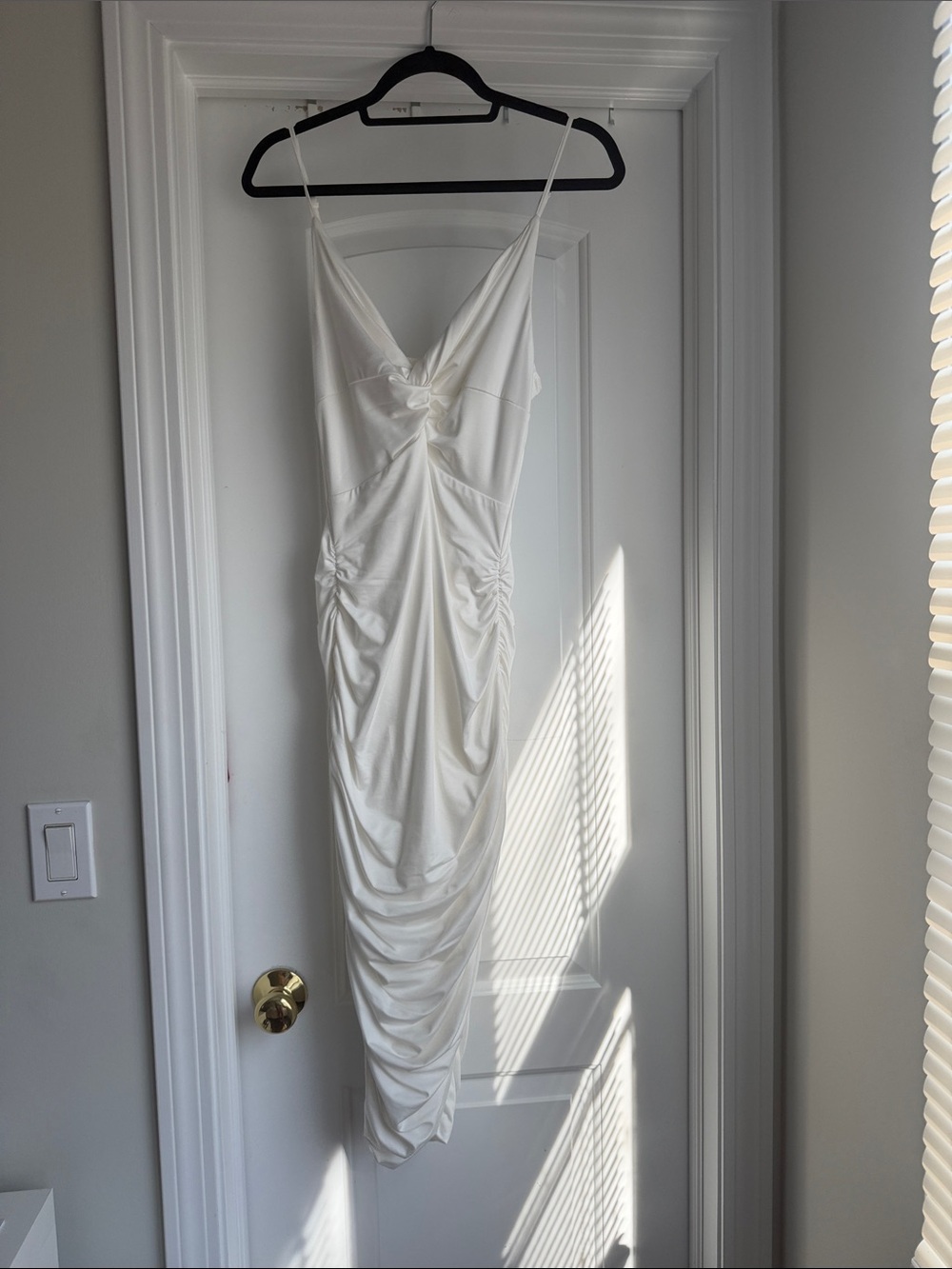 Ivory Ruched Spaghetti Strap Maxi Dress
